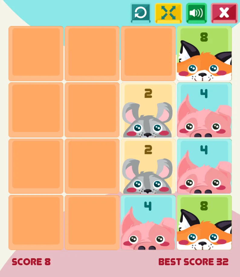 2048 Cuteness Edition Stage 1 - Beginning Tile Mergers 2048 Cuteness Edition Early Game - First Animal Merges