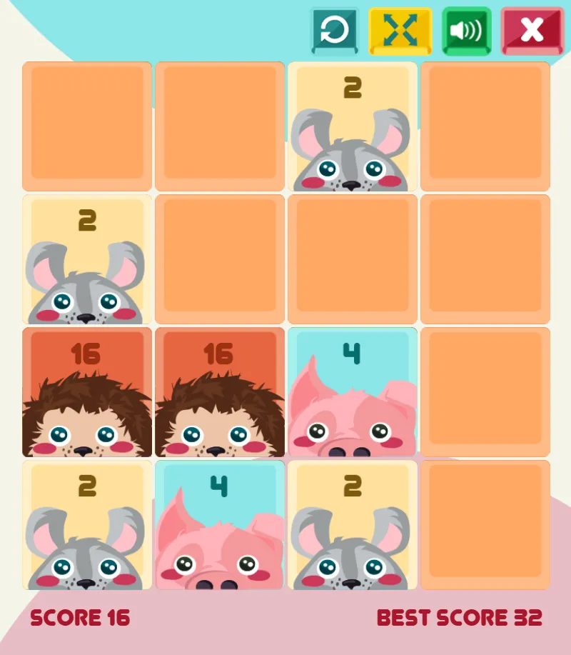 2048 Cuteness Edition Stage 2 - Organizing Higher-Value Animals 2048 Cuteness Edition Mid Game - Strategic Tile Arrangement